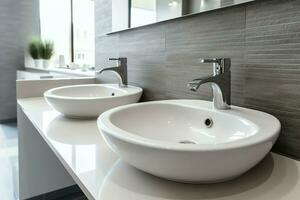 modern openbaar badkamer met rij van wit keramisch wassen wastafel bekkens en kraan met spiegel in toilet concept door ai gegenereerd foto