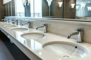 modern openbaar badkamer met rij van wit keramisch wassen wastafel bekkens en kraan met spiegel in toilet concept door ai gegenereerd foto