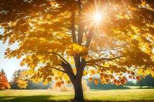 herfst boom met zon schijnend door bladeren. ai-gegenereerd foto