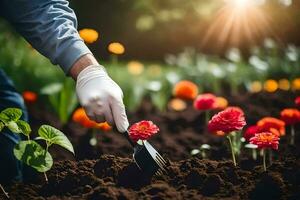 een persoon in handschoenen is plukken bloemen van de grond. ai-gegenereerd foto