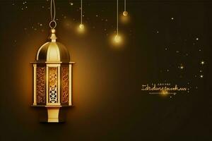 eid mubarak en Ramadan kareem groeten met Islamitisch lantaarn en moskee. eid al fitr achtergrond. eid al fitr achtergrond van venster concept door ai gegenereerd foto