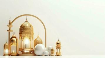 eid mubarak en Ramadan kareem groeten met Islamitisch lantaarn en moskee. eid al fitr achtergrond. eid al fitr achtergrond van venster concept door ai gegenereerd foto