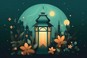 eid mubarak en Ramadan kareem groeten met Islamitisch lantaarn en moskee. eid al fitr achtergrond. eid al fitr achtergrond van venster concept door ai gegenereerd foto