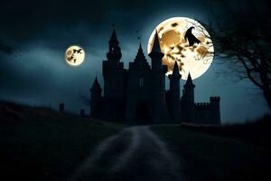 halloween kasteel met vleermuizen vliegend over- het Bij nacht. ai-gegenereerd foto