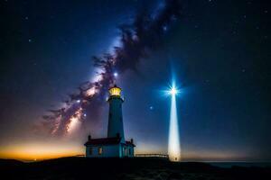 een vuurtoren en ster schijnen helder in de nacht lucht. ai-gegenereerd foto