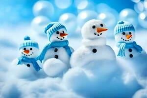 sneeuwmannen in blauw hoeden en sjaals. ai-gegenereerd foto