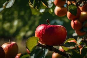 een appel boom met veel rood appels Aan het. ai-gegenereerd foto