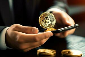gouden bitcoin digitaal cryptogeld futuristische geld. technologie bedrijf internet handel concept door ai gegenereerd foto