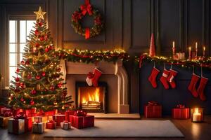 Kerstmis boom en presenteert in een kamer met een haard. ai-gegenereerd foto