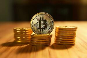 gouden bitcoin digitaal cryptogeld futuristische geld. technologie bedrijf internet handel concept door ai gegenereerd foto