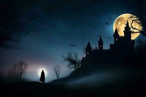 een kasteel in de nacht met een vol maan. ai-gegenereerd foto