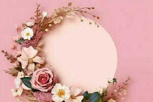 romantisch boeket van blanco bloemen roze bloesems met kopiëren ruimte. natuurlijk bloemen roos kader lay-out concept door ai gegenereerd foto