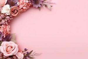 romantisch boeket van blanco bloemen roze bloesems met kopiëren ruimte. natuurlijk bloemen roos kader lay-out concept door ai gegenereerd foto