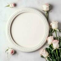 romantisch boeket van blanco bloemen roze bloesems met kopiëren ruimte. natuurlijk bloemen roos kader lay-out concept door ai gegenereerd foto