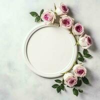 romantisch boeket van blanco bloemen roze bloesems met kopiëren ruimte. natuurlijk bloemen roos kader lay-out concept door ai gegenereerd foto