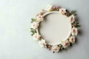 romantisch boeket van blanco bloemen roze bloesems met kopiëren ruimte. natuurlijk bloemen roos kader lay-out concept door ai gegenereerd foto