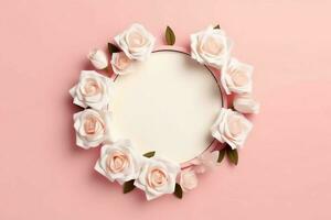 romantisch boeket van blanco bloemen roze bloesems met kopiëren ruimte. natuurlijk bloemen roos kader lay-out concept door ai gegenereerd foto