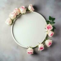 romantisch boeket van blanco bloemen roze bloesems met kopiëren ruimte. natuurlijk bloemen roos kader lay-out concept door ai gegenereerd foto