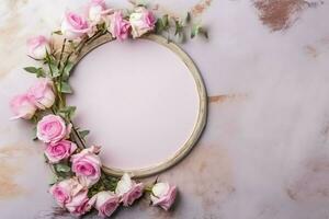 romantisch boeket van blanco bloemen roze bloesems met kopiëren ruimte. natuurlijk bloemen roos kader lay-out concept door ai gegenereerd foto