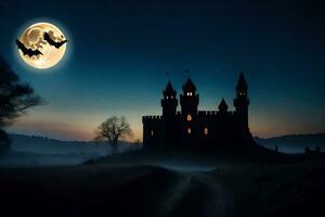 een kasteel met vleermuizen vliegend over- het Bij nacht. ai-gegenereerd foto