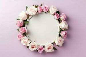 romantisch boeket van blanco bloemen roze bloesems met kopiëren ruimte. natuurlijk bloemen roos kader lay-out concept door ai gegenereerd foto