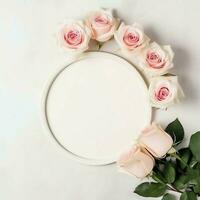 romantisch boeket van blanco bloemen roze bloesems met kopiëren ruimte. natuurlijk bloemen roos kader lay-out concept door ai gegenereerd foto