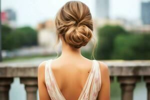 een mooi bruid met een bun kapsels voor lang haar- kijken van rug. een vrouw kapsel achterzijde visie concept door ai gegenereerd foto