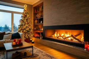 knus leven kamer met haard en mooi Kerstmis boom in klassiek interieur. interieur van leven kamer versierd voor vrolijk Kerstmis met sokken, geschenk dozen en Kerstmis accessoires door ai gegenereerd foto