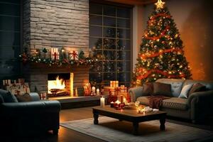 knus leven kamer met haard en mooi Kerstmis boom in klassiek interieur. interieur van leven kamer versierd voor vrolijk Kerstmis met sokken, geschenk dozen en Kerstmis accessoires door ai gegenereerd foto