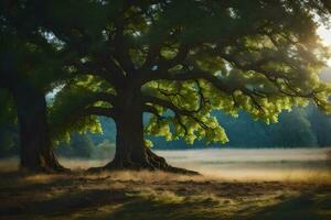 twee groot bomen in de midden- van een veld. ai-gegenereerd foto