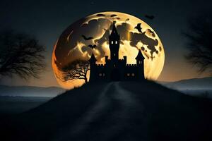 een kasteel met vleermuizen vliegend over- het in voorkant van een vol maan. ai-gegenereerd foto