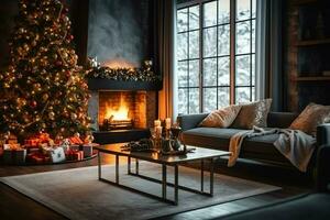 knus leven kamer met haard en mooi Kerstmis boom in klassiek interieur. interieur van leven kamer versierd voor vrolijk Kerstmis met sokken, geschenk dozen en Kerstmis accessoires door ai gegenereerd foto