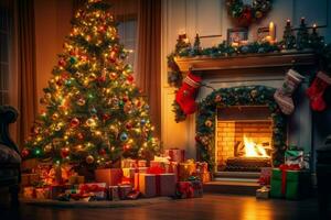 knus leven kamer met haard en mooi Kerstmis boom in klassiek interieur. interieur van leven kamer versierd voor vrolijk Kerstmis met sokken, geschenk dozen en Kerstmis accessoires door ai gegenereerd foto