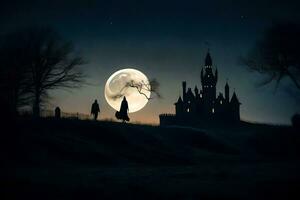 een vol maan over- een kasteel in de nacht. ai-gegenereerd foto