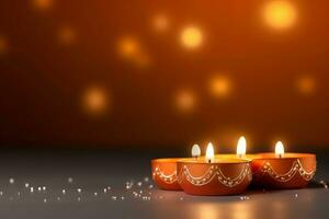 gelukkig diwali of deepavali traditioneel Indisch festival met klei diya olie lamp. Indisch Hindoe festival van licht symbool met kaars en licht. klei diya lamp lit gedurende diwali viering door ai gegenereerd foto