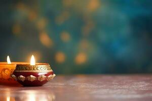 gelukkig diwali of deepavali traditioneel Indisch festival met klei diya olie lamp. Indisch Hindoe festival van licht symbool met kaars en licht. klei diya lamp lit gedurende diwali viering door ai gegenereerd foto