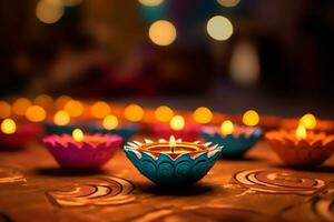 gelukkig diwali of deepavali traditioneel Indisch festival met klei diya olie lamp. Indisch Hindoe festival van licht symbool met kaars en licht. klei diya lamp lit gedurende diwali viering door ai gegenereerd foto