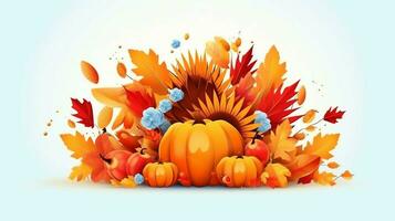 dankzegging dag of herfst samenstelling met pompoen, sinaasappelen, bladeren of kip. dankzegging voedsel concept door ai gegenereerd foto