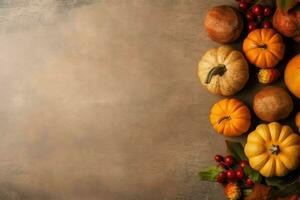 dankzegging dag of herfst samenstelling met pompoen, sinaasappelen, bladeren of kip. dankzegging voedsel concept door ai gegenereerd foto