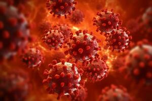 3d geven van een medisch met virus cellen bacteriën. meerdere realistisch coronavirus deeltjes drijvend concept door ai gegenereerd foto