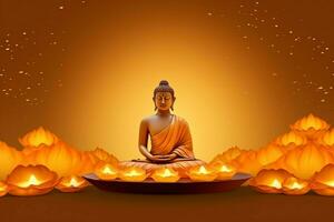 een Boeddha zit in in vesak Boeddha purnima dag met kopiëren ruimte. achtergrond voor vesak festival dag concept. vesak viering dag groeten concept door ai gegenereerd foto