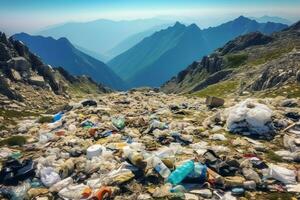 milieu probleem plastic vuilnis of uitschot in de berg van globaal opwarming. verontreiniging concept door ai gegenereerd foto