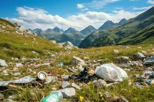 milieu probleem plastic vuilnis of uitschot in de berg van globaal opwarming. verontreiniging concept door ai gegenereerd foto