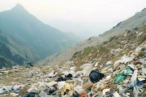 milieu probleem plastic vuilnis of uitschot in de berg van globaal opwarming. verontreiniging concept door ai gegenereerd foto