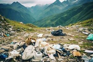 milieu probleem plastic vuilnis of uitschot in de berg van globaal opwarming. verontreiniging concept door ai gegenereerd foto