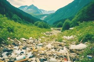 milieu probleem plastic vuilnis of uitschot in de berg van globaal opwarming. verontreiniging concept door ai gegenereerd foto