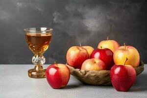 traditioneel voedsel van Joods nieuw jaar vakantie van traditie of geloof. Rosh hashanah met kopiëren ruimte concept door ai gegenereerd foto