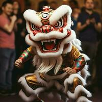 draak of leeuw dans tonen barongsai in viering Chinese maan- nieuw jaar festival. Aziatisch traditioneel concept door ai gegenereerd foto