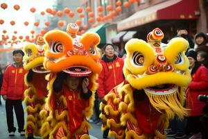 draak of leeuw dans tonen barongsai in viering Chinese maan- nieuw jaar festival. Aziatisch traditioneel concept door ai gegenereerd foto