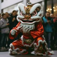 draak of leeuw dans tonen barongsai in viering Chinese maan- nieuw jaar festival. Aziatisch traditioneel concept door ai gegenereerd foto